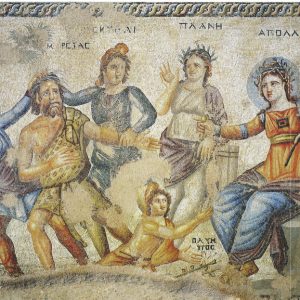 Mosaic from House of Aion in Paphos. The panel shows judgement of Marsyas, losing the music contest to Apollo. Credit: W. Jerke.