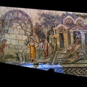 The famous historical mosaic from Apamea (Syria) was stolen in an illegal excavation in 2011. Actually, this masterpiece of Roman art is researched by Interpol. The lower register of the mosaic shows to date, the earliest representation of a water wheel (noria) in antiquity, dated to Constantine the Great (306-337 CE) time, which is around 150 years older than the previously known mosaic representation, also discovered at Apamea. Author unknown. Source: DGAM.