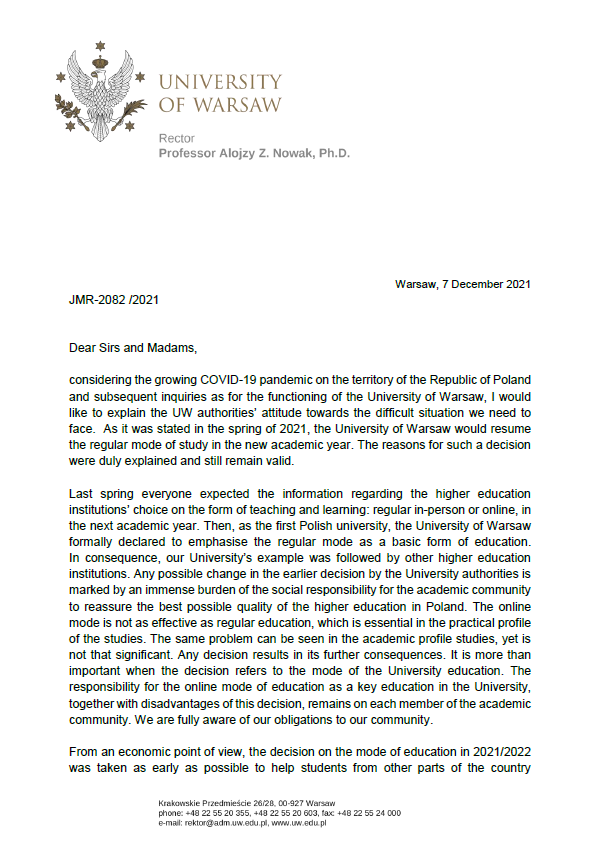 UW Rector’s letter to the academic community University of Warsaw