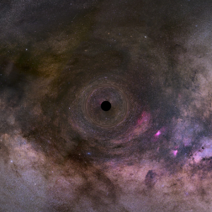 This is an illustration of a close-up look at a black hole drifting through our Milky Way galaxy. The black hole is the crushed remnant of a massive star that exploded as a supernova. The surviving core is several times the mass of our Sun. The black hole traps light due to its intense gravitational field. The black hole distorts the space around it, which warps images of background stars lined up almost directly behind it. This gravitational "lensing" effect offers the only telltale evidence for the existence of lone black holes wandering our galaxy, which may be a population of 100 million. Credit: NASA, STScI, image: FECYT, IAC.