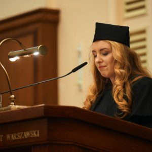 Martyna Dudziak-Kisio, the vice-president of the PhD Students’ Union, during the opening ceremony of the 2023/2024 academic year. Photo by Mirosław Kaźmierczak/UW