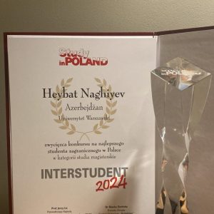 The award for Heybat Naghiyev, UW student, the winner of the Interstudent competition. Credit: UW