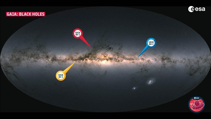 The picture presents Gaia's black holes at their positions in the sky. These black holes are also the closest ones to Earth that we know of. The sky map in the background shows Gaia's sky in colours and is not a picture. It is a visualisation where individual stars with their colours as observed by Gaia are plotted one by one. Credits: ESA/Gaia/DPAC. License: CC BY-SA 3.0 IGO