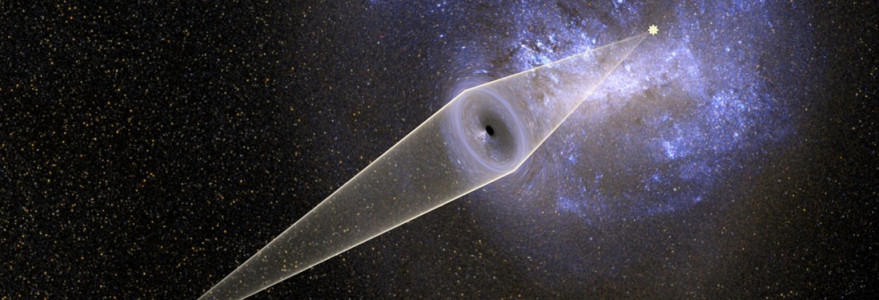 Artist's impression of a microlensing event caused by a black hole observed from Earth toward the Large Magellanic Cloud. The light of a background star located in the LMC is bent by a putative primordial black hole (lens) in the Galactic halo and magnified when observed from the Earth. Microlensing causes very characteristic variation of brightness of the background star, enabling the determination of the lens's mass and distance. Credit: J. Skowron/OGLE