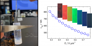 (left) One of the remarkable features of the helical ferronemtic phase is a strong tendency for formation of stable filaments. (right) Changes of selective light reflection wavelength, λSR, in the NTBF phase under application of a dc electric field, E; in the inset: textures showing colour of selective reflection visible for different values of applied voltage. Credit: D. Pociecha/UW