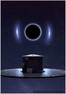 An artistic impression of the Gaia space mission observing a lensing black hole. Credit: Maciej Rębisz/ScienceNow/Łukasz Wyrzykowski