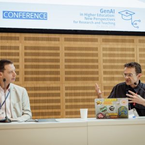 Prof. Neil Selwyn and Prof. Peter Kahn at the conference “GenAI in Higher Education: New Perspectives for Research and Teaching”. Credit: Michał Wąsik/Digital Economy Lab UW
