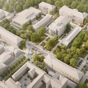 Visualisation of the concept for the University of Warsaw’s Central Campus. Authors: Pracownia Architektoniczna 1997 sp. z o.o, Gąska Wojcieszak Pracownia Architektoniczna Sp. z o. o.