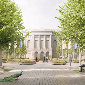 Visualisation of the concept for the University of Warsaw’s Central Campus. Authors: Pracownia Architektoniczna 1997 sp. z o.o, Gąska Wojcieszak Pracownia Architektoniczna Sp. z o. o.