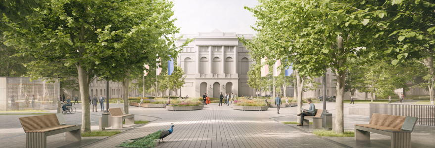 Visualisation of the concept for the University of Warsaw’s Central Campus. Authors: Pracownia Architektoniczna 1997 sp. z o.o, Gąska Wojcieszak Pracownia Architektoniczna Sp. z o. o.