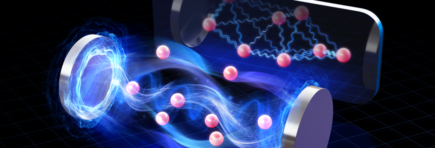 Visualisation of atoms placed in an optical cavity, interacting with each other as well as with the light mode. (Source: Yao Wang, Emory University)