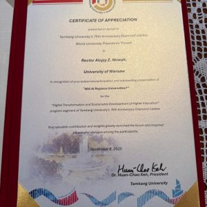 University of Warsaw at the 75th Anniversary Celebrations of Tamkang University. Credit: UW